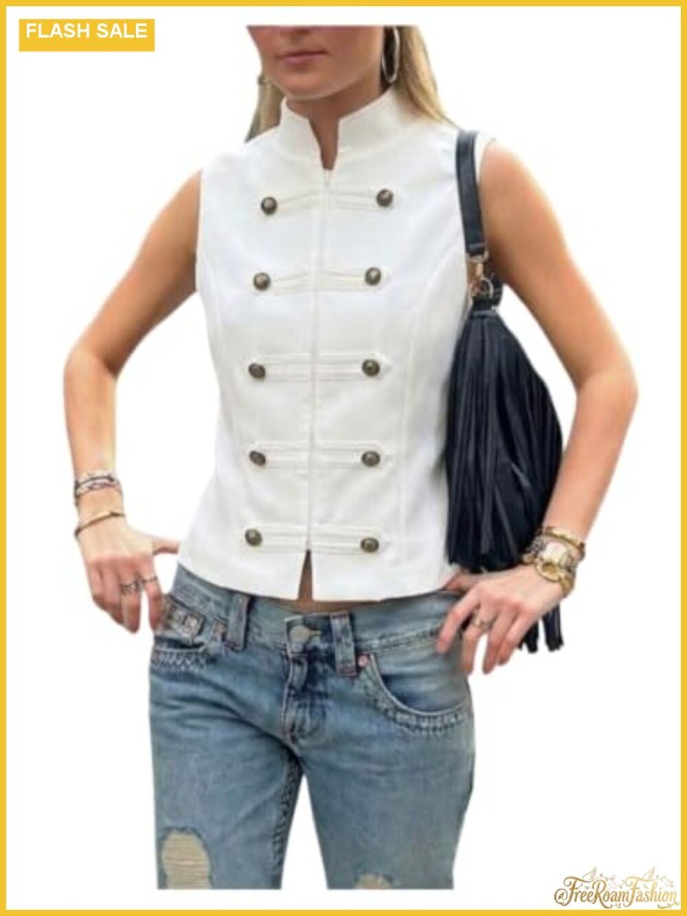 Women's Sleeveless Military Vest with Zipper Button Front Retro Coat